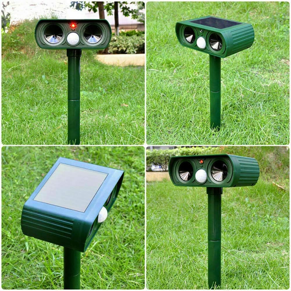 Belro solar-powered ultrasonic animal repellent device for outdoor pest control, with solar panel and pest deterrent sensors.