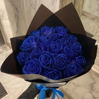 Belro men's clothing featuring glittering roses design, stylish fabric with decorative rose patterns on a dark background.