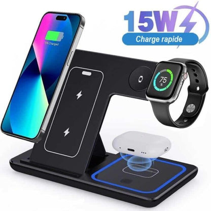 Belro 3-in-1 wireless induction charger for iPhone, showing a sleek black charging pad with iPhone and other devices placed on it.