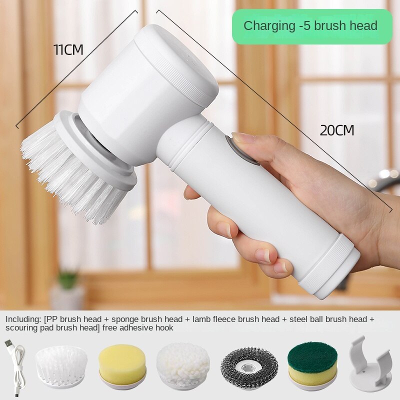Belro cordless electric cleaning brush with multiple attachments for kitchen and bathroom cleaning, shown in use on various surfaces.