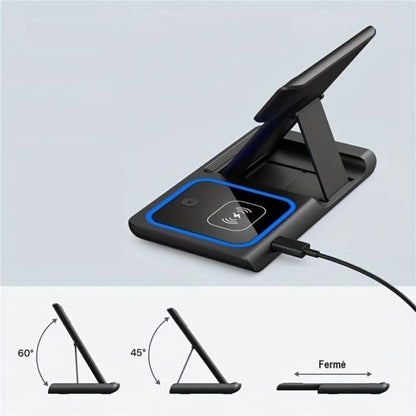 Belro 3-in-1 wireless induction charger for iPhone with sleek design, capable of charging multiple devices simultaneously.