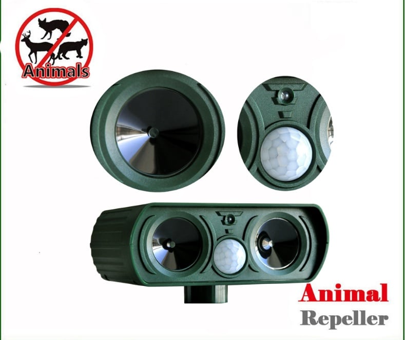Belro solar-powered ultrasonic animal repellent device for outdoor pest control, with solar panel and ultrasonic speaker in a garden setting.
