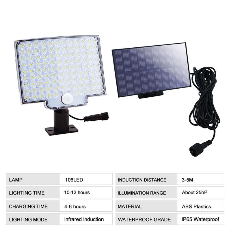 Belro 106 LED solar outdoor light with motion sensor illuminating a garden area during nighttime.