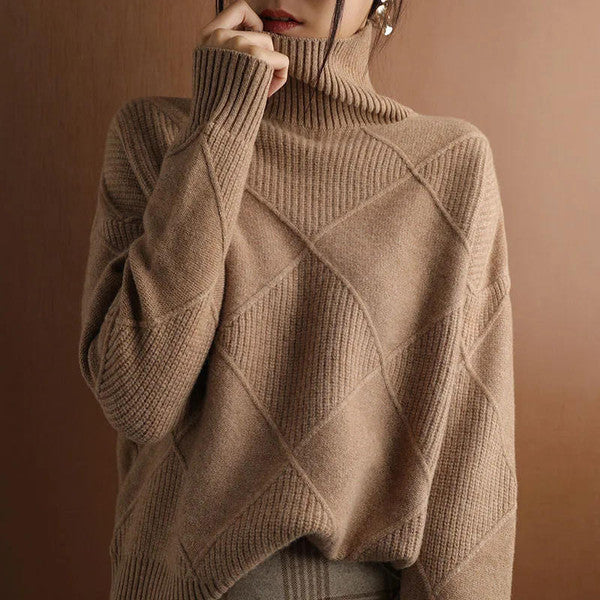 Plain cashmere roll neck sweater by Belro, styled as an automotive-inspired garment with a cozy, smooth knit fabric.