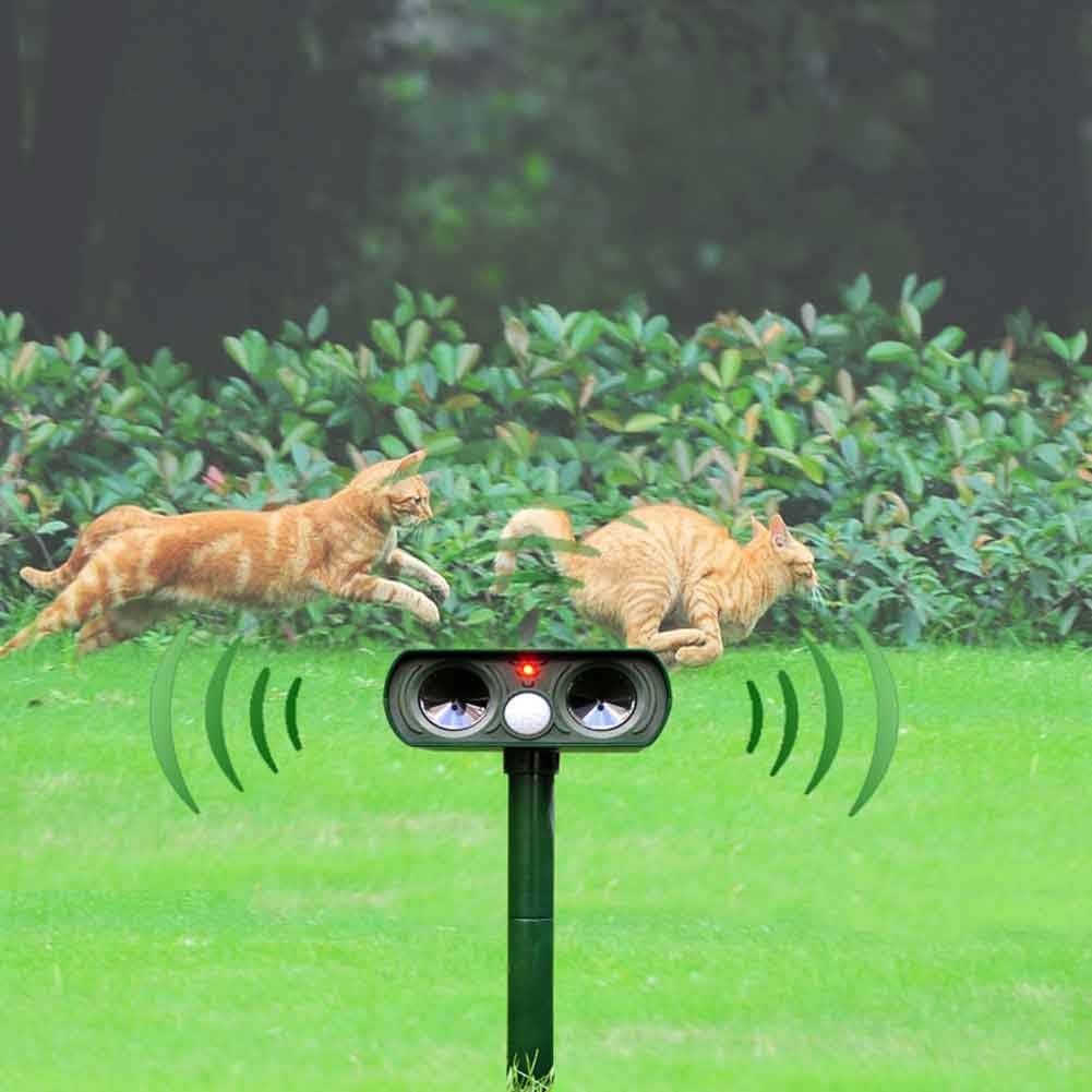 Solar-powered ultrasonic animal repellent by Belro, showing device with solar panel and outdoor pest control features.