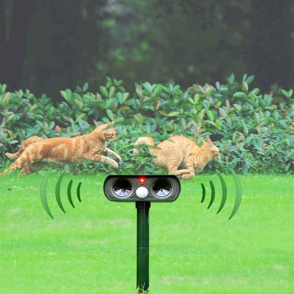 Solar-powered ultrasonic animal repellent by Belro, showing device with solar panel and outdoor pest control features.
