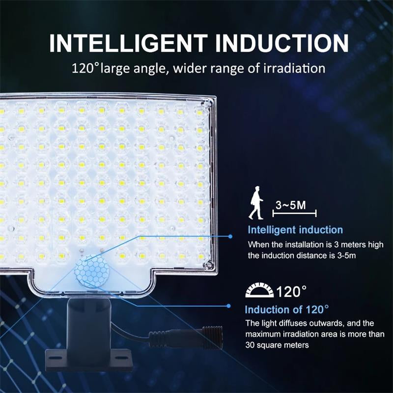 Belro 106 LED solar outdoor light with motion sensor illuminating a garden path at night. Energy-efficient outdoor home lighting.