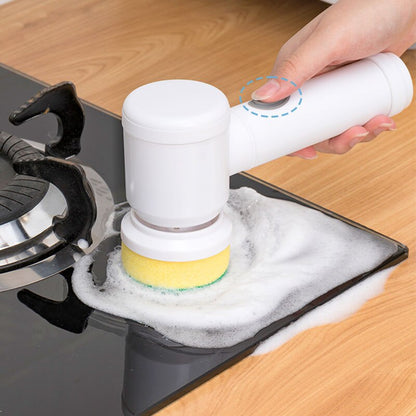 Belro cordless electric cleaning brush with green handle and multiple attachments for kitchen and bathroom cleaning.