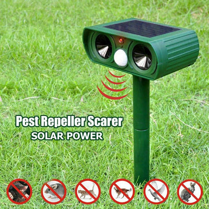 Belro solar-powered ultrasonic animal repellent device for outdoor pest control in the garden, designed to deter pests effectively.