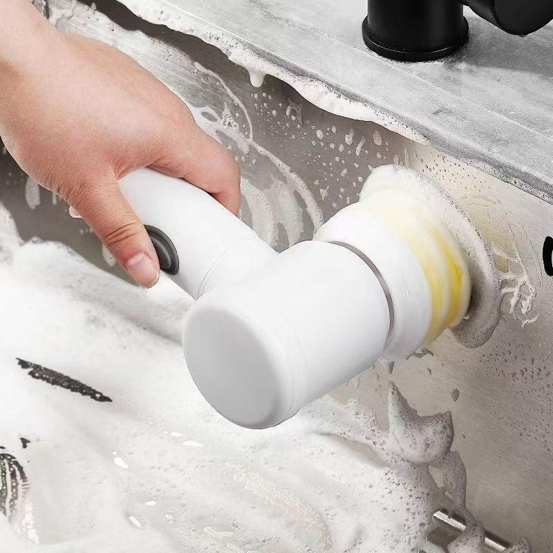 Belro cordless electric cleaning brush with multifunctional design for kitchen and bathroom cleaning, shown in use on various surfaces.
