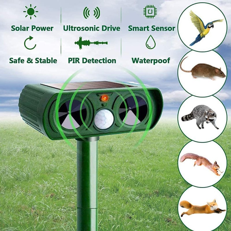 Belro solar-powered ultrasonic animal repellent device for outdoor pest control in home and garden settings.