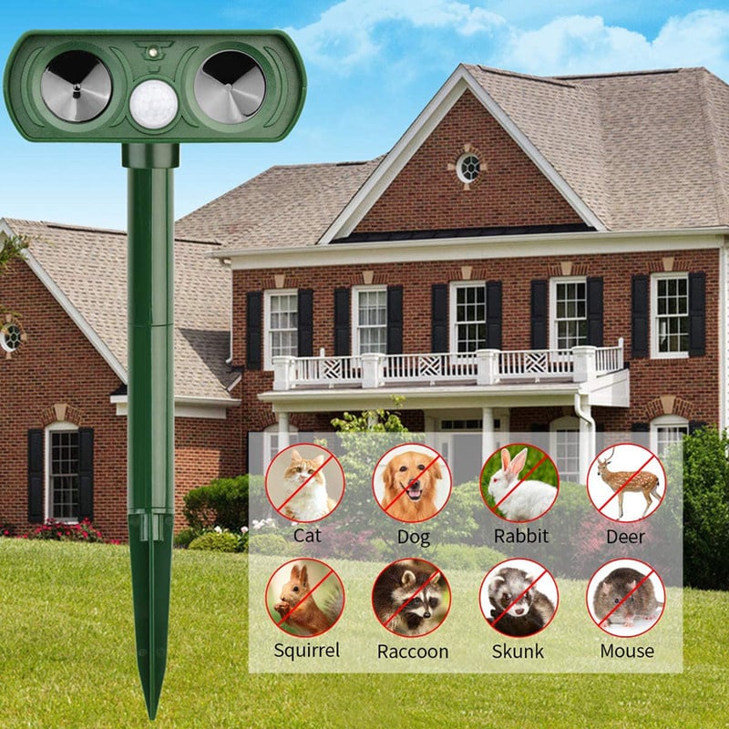 Belro solar-powered ultrasonic animal repellent outdoors, showing the device with solar panel and motion sensors for pest control.