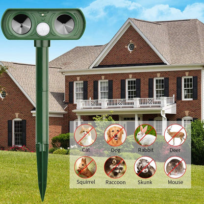 Belro solar-powered ultrasonic animal repellent outdoors, showing the device with solar panel and motion sensors for pest control.