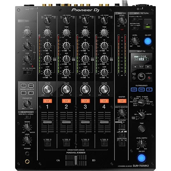 Pioneer DJ DJM-750MK2 4-channel DJ mixer with effects and rekordbox, shown in a professional DJ setup.