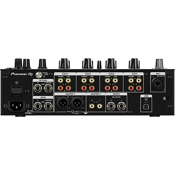 Casavibeo Pioneer DJ DJM-750MK2 4-channel DJ mixer with effects and rekordbox, showing controls and colorful LED displays.