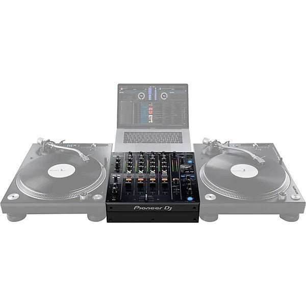 Pioneer DJ DJM-750MK2 4-channel DJ mixer with effects and rekordbox, shown with control knobs and audio inputs.