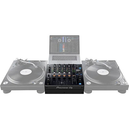 Pioneer DJ DJM-750MK2 4-channel DJ mixer with effects and rekordbox, shown with control knobs and audio inputs.