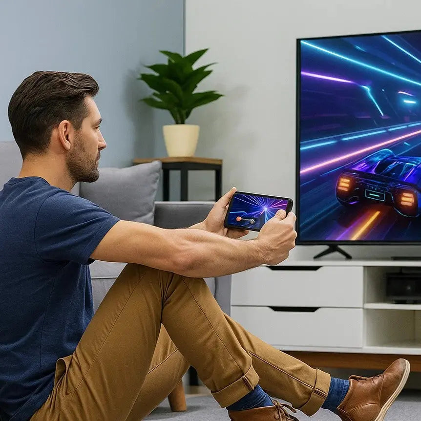 Mivoza wireless screen mirror adapter displaying a connected device streaming 1080P content to a large TV screen.