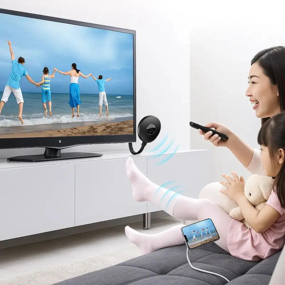 Mivoza wireless screen mirror adapter displaying a TV screen with 1080p streaming and big screen sync for seamless device mirroring.
