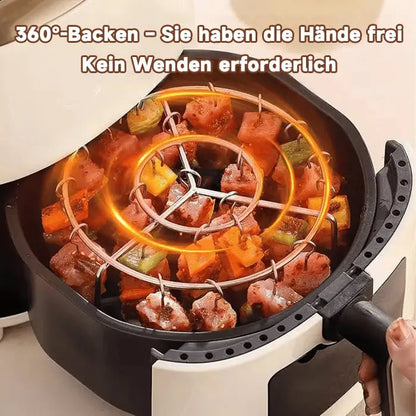 Mivoza kebab grill for air fryers, featuring skewers for even cooking and BBQ flavor, displayed with grilled kebabs inside.
