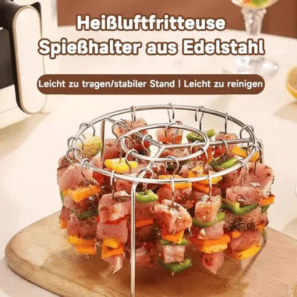 Mivoza kebab grill for air fryers with skewers, promoting even cooking and BBQ flavor for delicious grilled kebabs.
