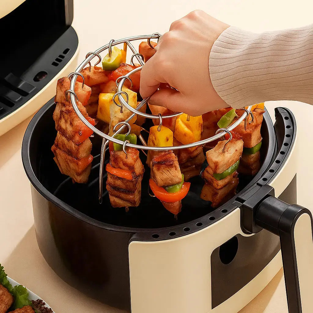 Mivoza kebab grill for air fryers with skewers, even cooking, rotisserie function, ideal for BBQ flavor and delicious kebabs.