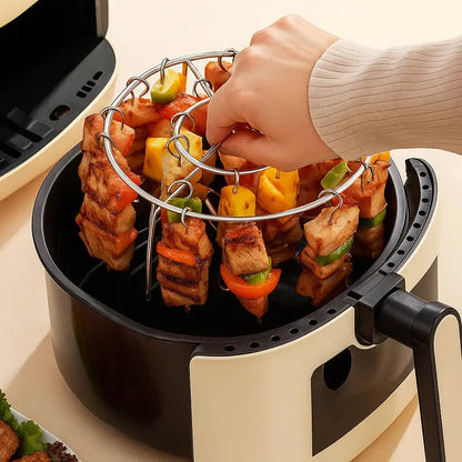 Mivoza kebab grill for air fryers with skewers, even cooking, rotisserie function, ideal for BBQ flavor and delicious kebabs.