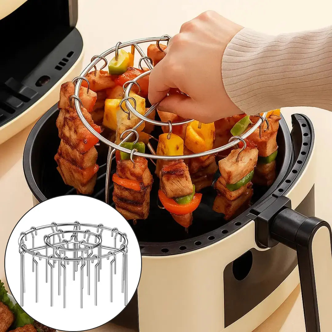 Mivoza kebab grill for air fryers with skewers, even cooking, perfect for BBQ flavor and rotisserie-style grilling.