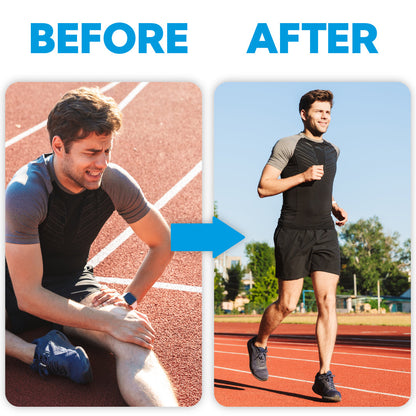Belro knee massager with heat therapy for pain relief and joint recovery, showing a portable heated device on a person's knee.