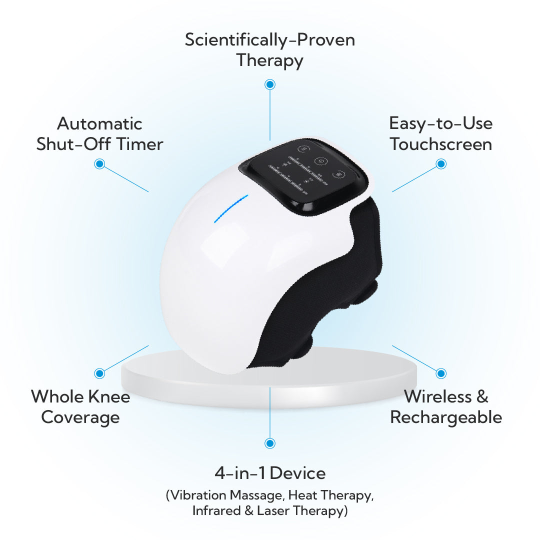 Belro heated knee massager with adjustable straps, displaying a user wearing the portable device for pain relief and joint recovery.