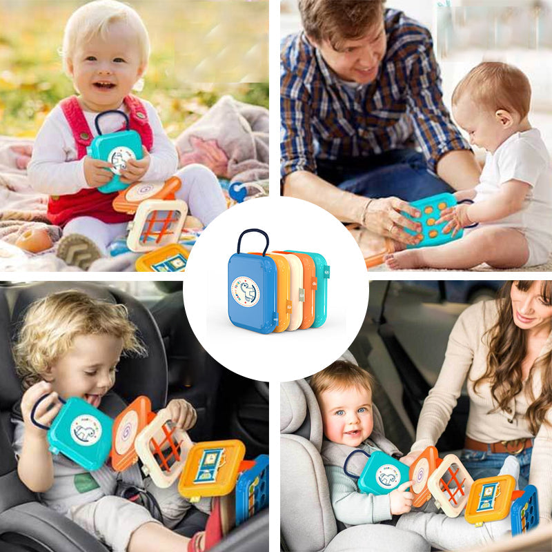 Colorful Belro multifunctional Montessori activity toy with various shapes and textures for early childhood development.