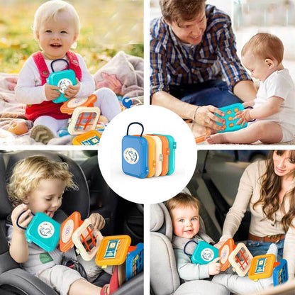 Colorful Belro multifunctional Montessori activity toy with various shapes and textures for early childhood development.