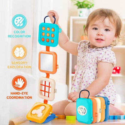 Belro multifunctional Montessori activity toy with colorful shapes and wooden elements for early childhood play and learning.