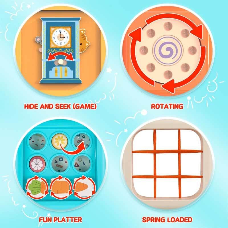 Colorful Belro Montessori activity toy with wooden beads, spinning gears, and shape blocks for early childhood development.