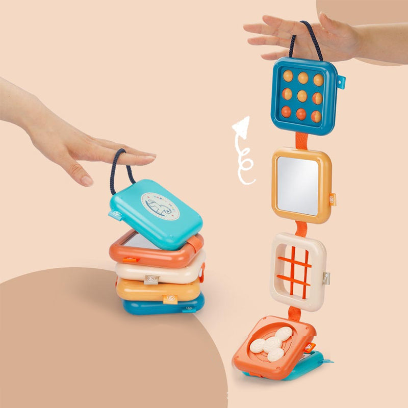 Colorful Belro Montessori multifunctional activity toy with shape sorting and sensory elements for early childhood development.