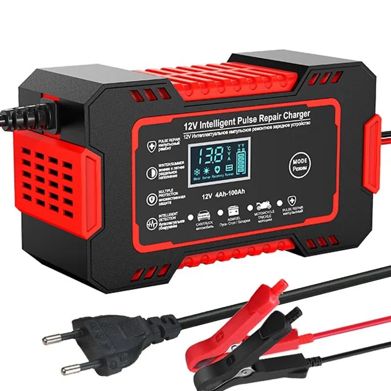 Belro 12V 6A car battery charger with LCD display, pulse repair feature, for efficient power and charging of vehicle batteries.