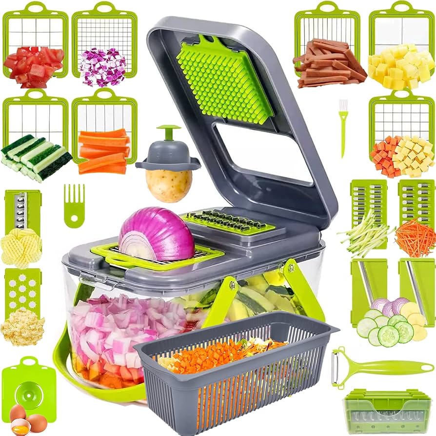Belro 18-in-1 vegetable slicer with multiple blades for slicing, dicing, and julienning vegetables in a kitchen appliance.