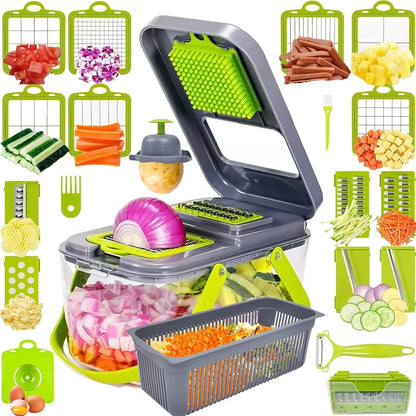 Belro 18-in-1 vegetable slicer with multiple blades for slicing, dicing, and julienning vegetables in a kitchen appliance.