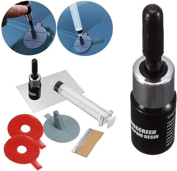Belro glass and windshield repair kit with tools and resin for fixing cracks and chips on car windshields and glass surfaces.
