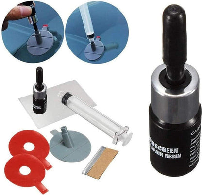 Belro glass and windshield repair kit with tools and resin for fixing cracks and chips on car windshields and glass surfaces.