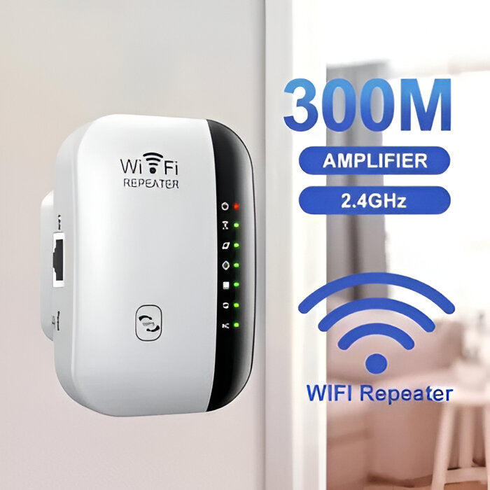 Belro powerful WiFi repeater connected to a router, showing signal strength and setup ports on a sleek electronic device.