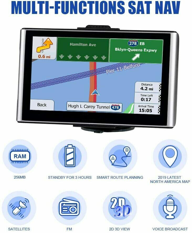 Belro 7-inch GPS navigation system for cars and trucks, showing detailed maps and route guidance on the screen.