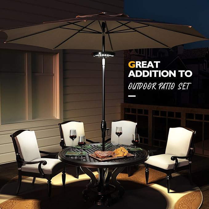 Belro parasol lighting accessory with integrated LED lights attached to an umbrella for outdoor illumination.
