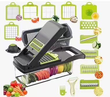 Belro 18-in-1 vegetable slicer with multiple blades for slicing, julienning, and grating vegetables in a kitchen setting