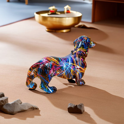 Colorful Dachshund statue by Belro, vibrant sculpture for home and garden decor, detailed figurine with bright, playful colors.