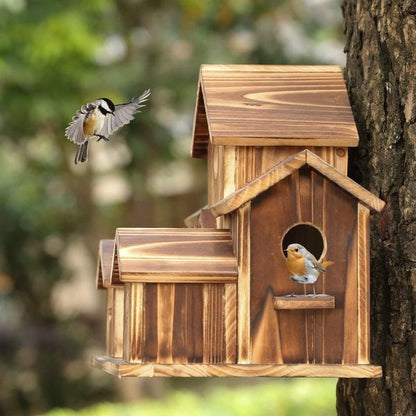 Handcrafted wooden birdhouse with six entrance holes, featuring a rustic design for outdoor garden decor by Belro.