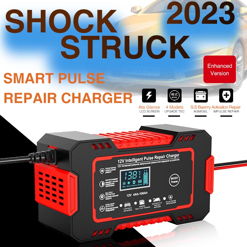 Belro 12V 6A car battery charger with LCD display, pulse repair feature, and compact electronic charger for vehicle batteries.
