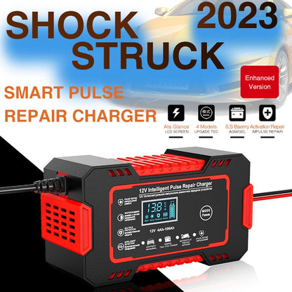 Belro 12V 6A car battery charger with LCD display, pulse repair feature, and compact electronic charger for vehicle batteries.