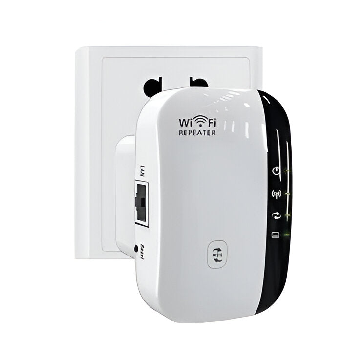Belro powerful WiFi repeater connected to a router, extending wireless signal in a home or office environment.