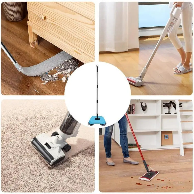 Manual 2-in-1 Belro broom with rotating brush for home cleaning, featuring a sturdy handle and versatile design.